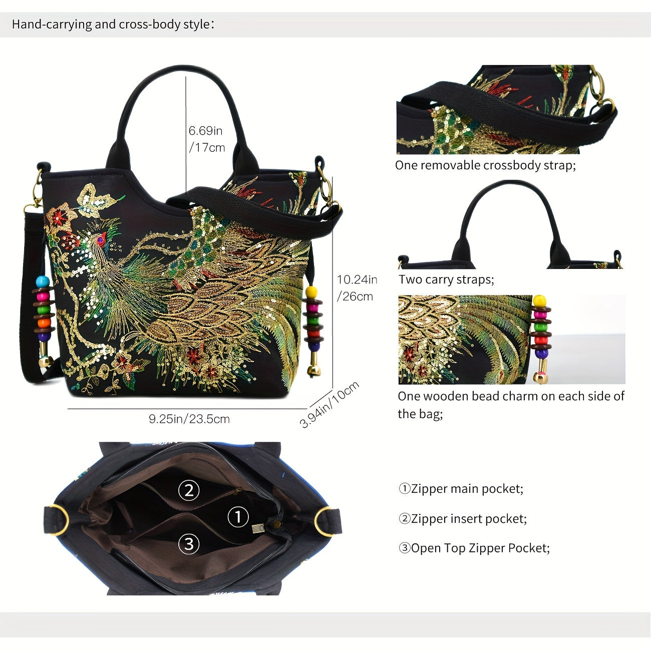 Women's Embroidered Satchel Bag, Fashion Double Handle Purse, Retro Style Handbag With Removable Strap