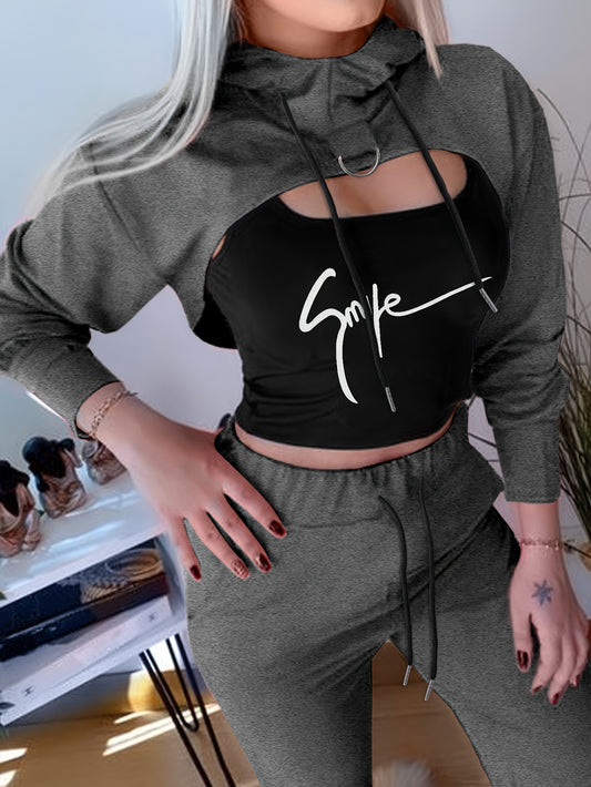 Three-Piece Bodycon Pantsuit Set - Women's Casual Drawstring Hooded Crop Top, Smile Letter Print Tank Top, and Long Length Pants Outfit with Relaxed Fit and Soft Fabric