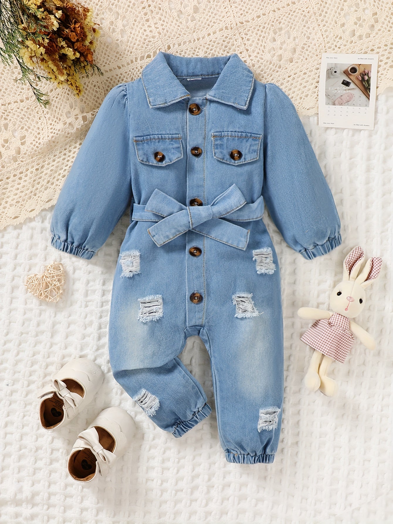A Babygirl Open Collar Long Sleeve Ripped Denim Jumpsuit Spring And Autumn
