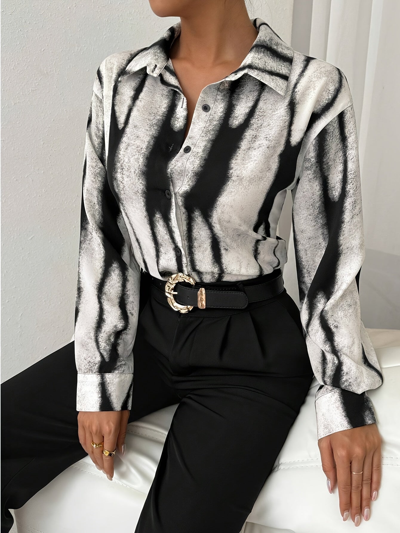 Print Collared Shirt - Stylish Button-Up Blouse with Neckline, Machine Washable, Polyester Fabric, Perfect for Spring/Summer Fashion, Spring Summer Blouse | Elegant Women's Shirt | Fashionforward Top