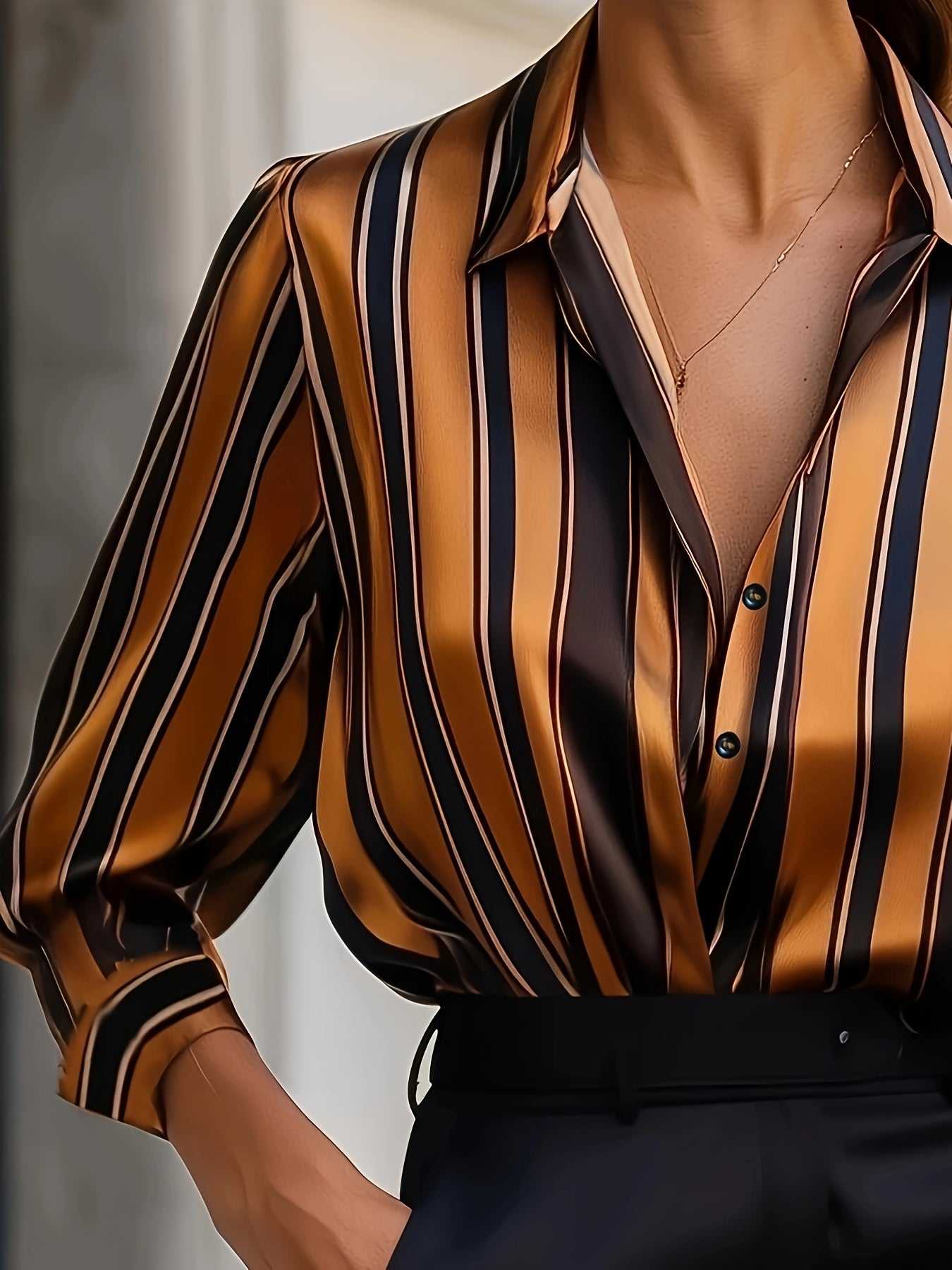 Elegant Special Women's Striped Shirt - Classic Collar Button-Up Blouse with Mustard & Black Stripes, Premium Fabric for Office & Casual Wear, Machine Washable Versatile Top, Smooth Texture Fabric