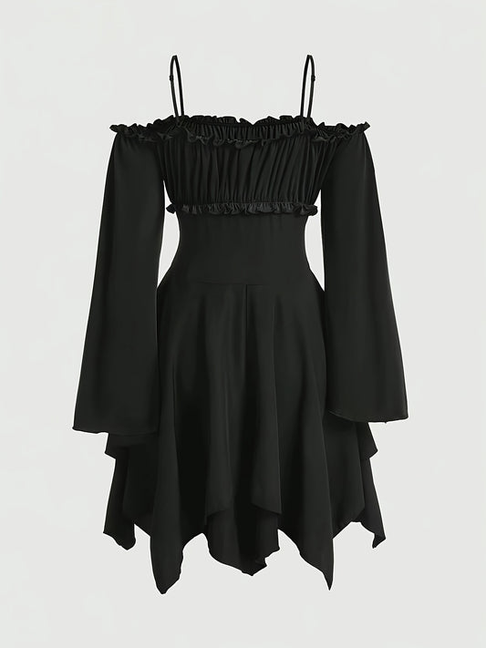 Women's Gothic Chic Cami Dress - Lace Up Irregular Hem, Off Shoulder Bell Sleeve, Shirred Backless Design, Perfect for Spring & Fall Seasons