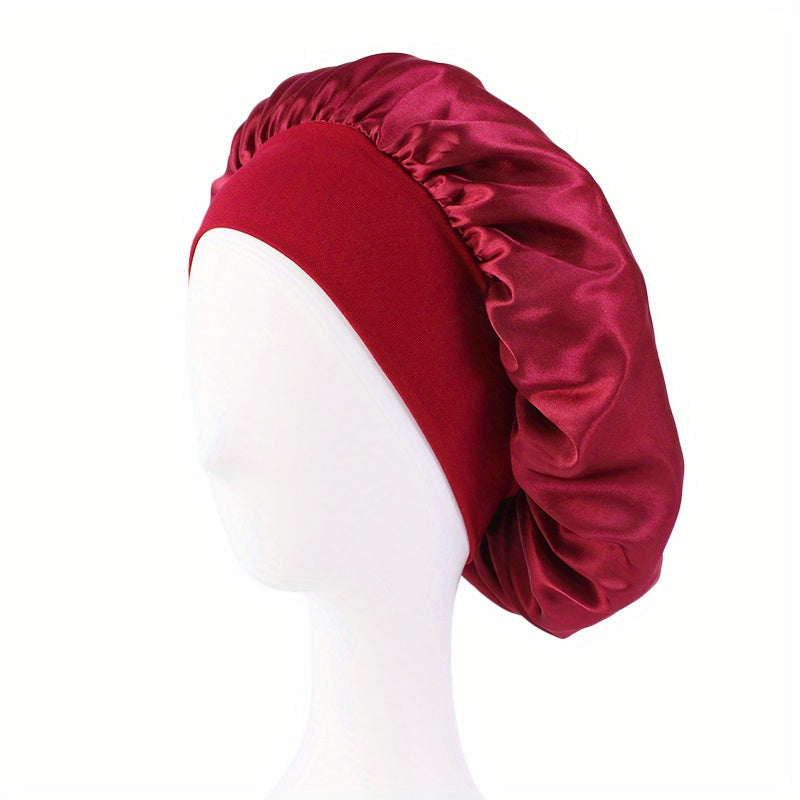 Solid Color Wide Elastic Band Satin Sleep Bonnet Soft Night Sleeping Cap For Women