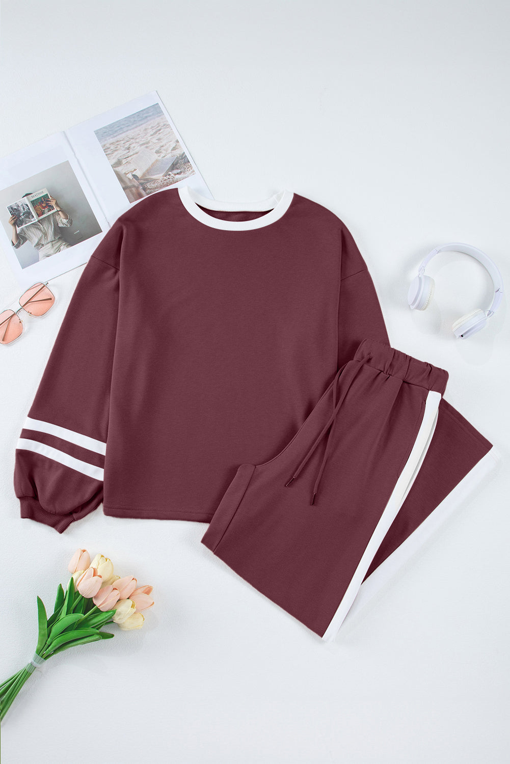 Mineral Red Varsity Stripe Patchwork Puff Sleeve Pullover Drawstring Wide Leg Pant Set