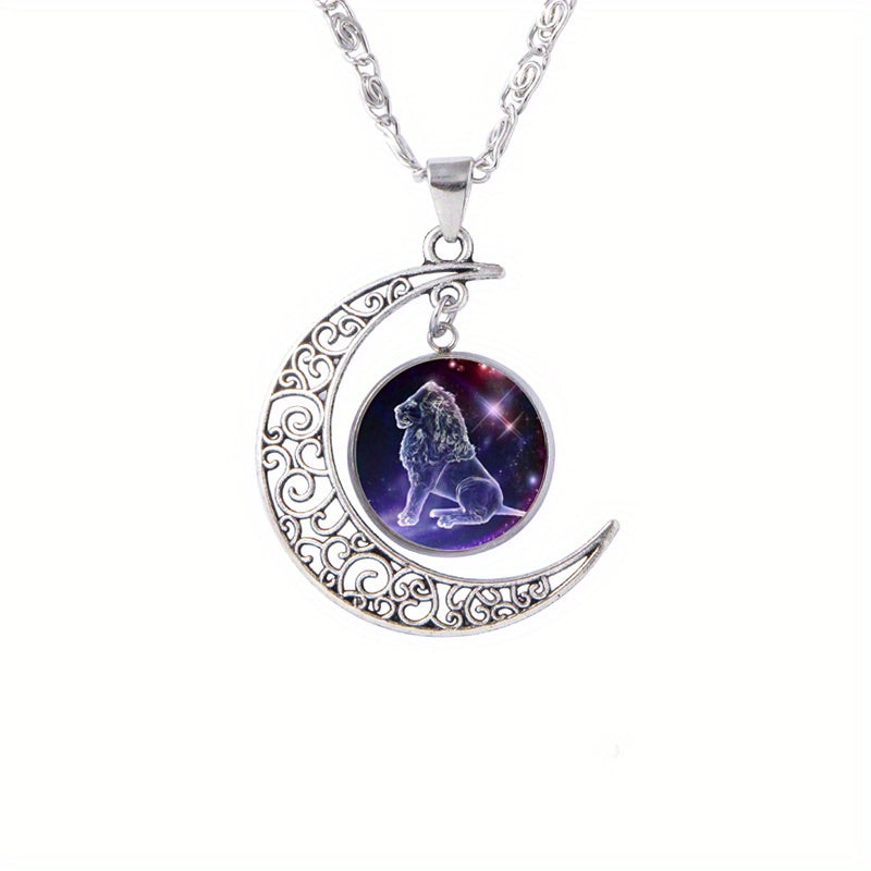 Twelve Zodiac Constellations Moon Phase Necklace - Timeless Gemstone Pendant with Adjustable Chain - Unique Personality Jewelry and Birthday Gift Idea for Women and Girls