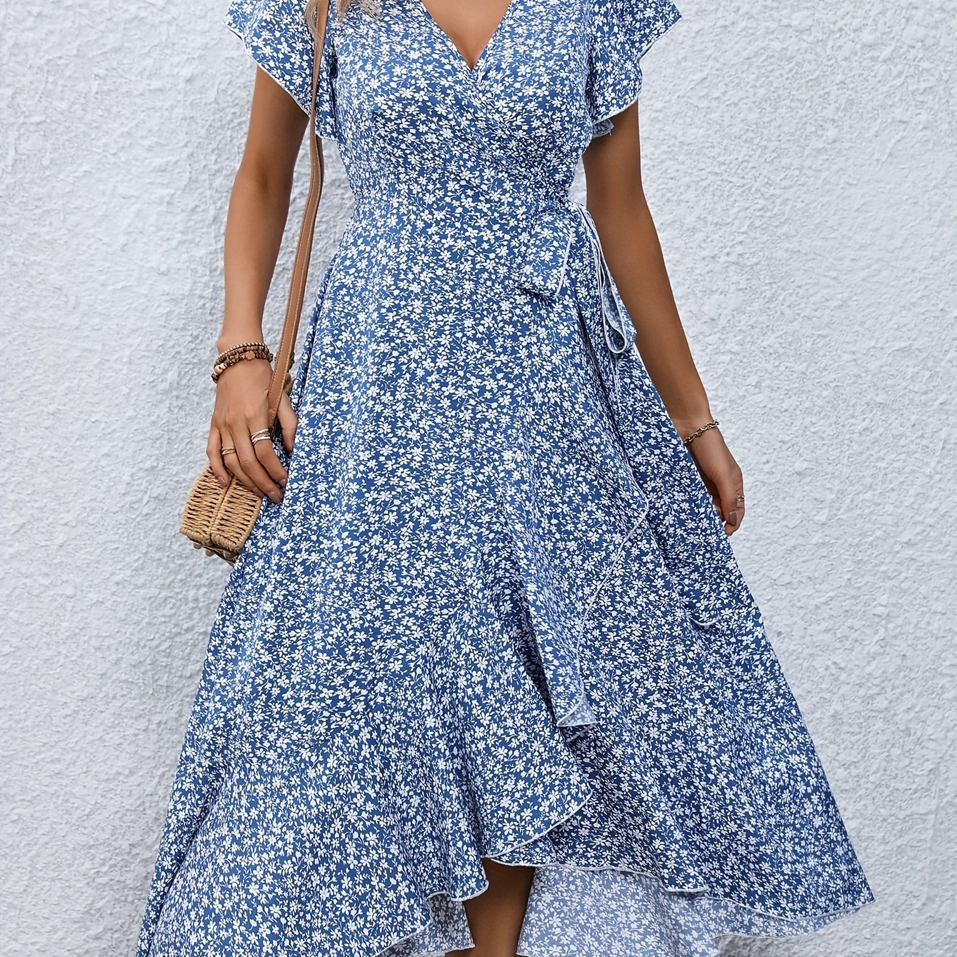 Women's Spring & Summer Dress - Elegant Floral Print, Surplice Neck with Tie, Casual Flutter Sleeves & Ruffle Hem, Perfect for Every Day & Special Occasions