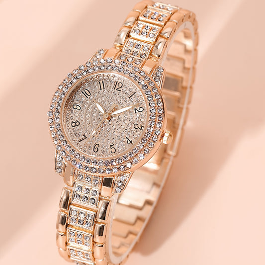 2pcs Luxurious Womens Rhinestone Bracelet Watches - Dazzling Golden Quartz Timepieces with Fashion-forward Design - Perfect Stylish Bling Dress Watches for Special Occasions & Xmas Gifts