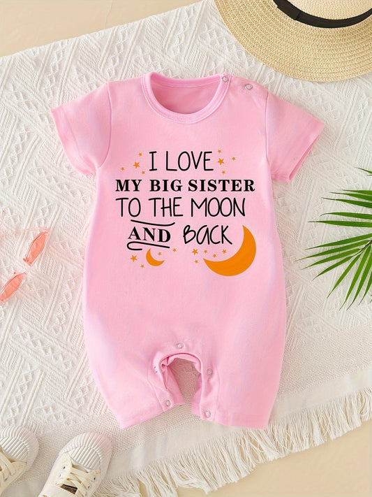 Adorable I LOVE My Big Sister Letter Print Summer Short Sleeve Quadrangle Jumpsuit Bodysuit - Soft, Comfortable & Breathable Baby Clothes - Perfect Pregnancy Gifts for Proud Big Sisters