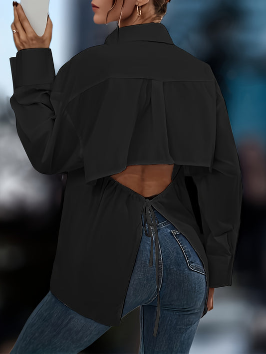 Chic Cut Out Blouse with Tied Detail - Flattering Long Sleeve Design for Spring & Fall - Versatile Womens Fashion Clothing