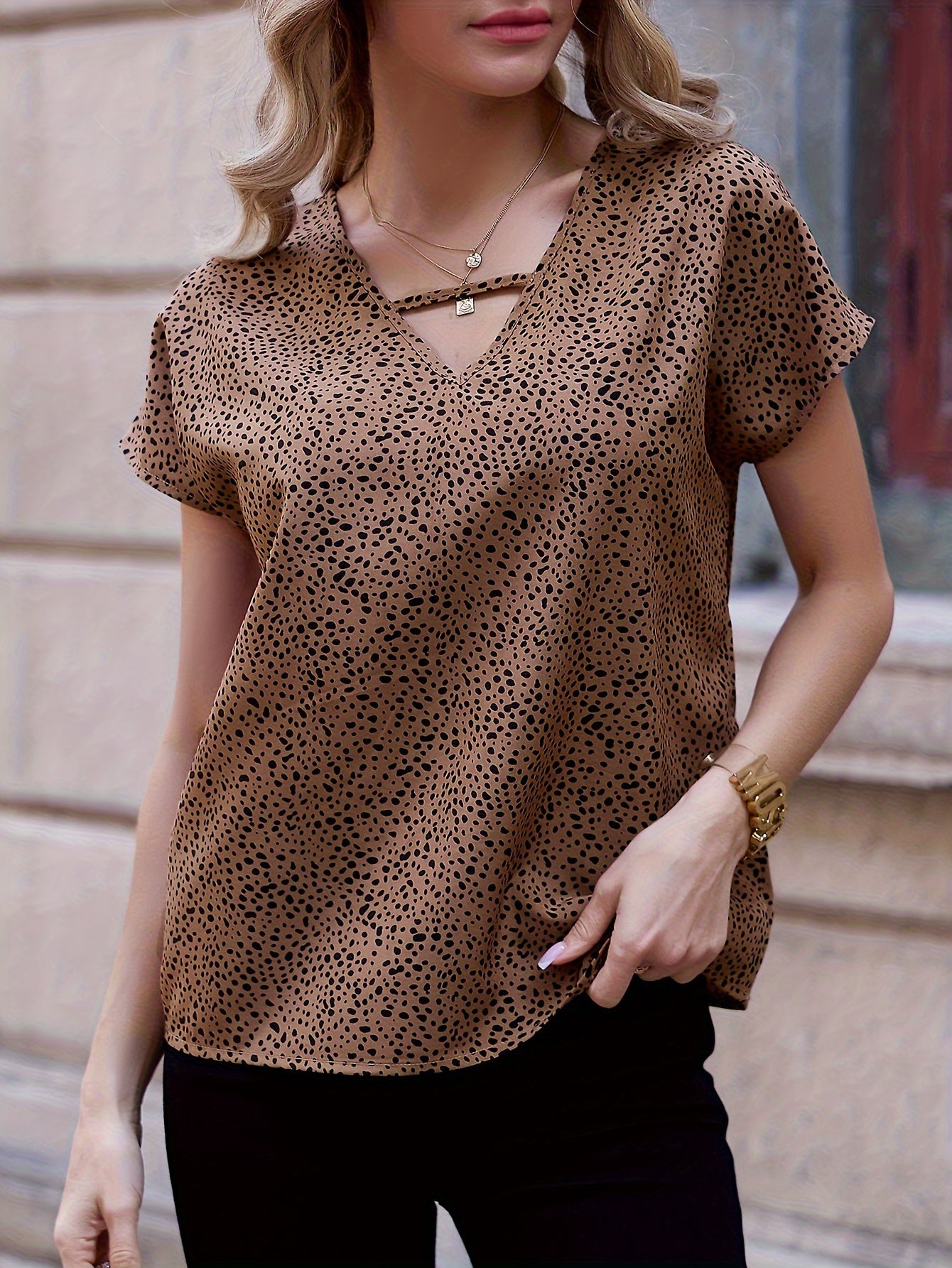 Elegant Dalmatian Spot V-Neck Blouse for Women - Lightweight Polyester, Short Sleeve, Machine Washable Summer Top