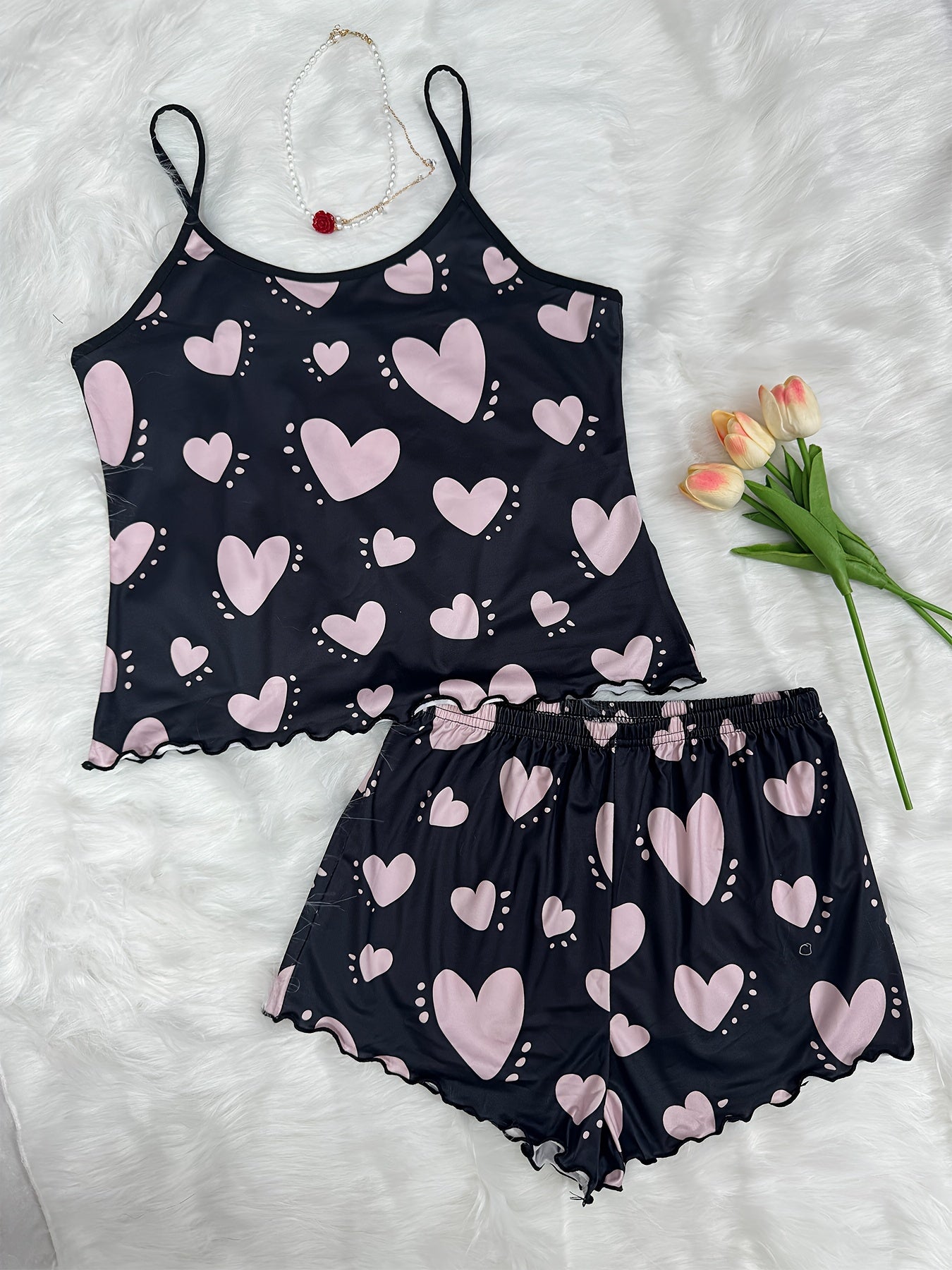 Casual Heart Print Lettuce Trim Pajama Set, Crew Neck Backless Cami Top & Elastic Shorts, Women's Sleepwear & Loungewear