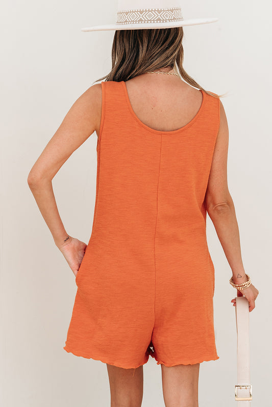 Grapefruit Orange U Neck Button Front Sleeveless Romper