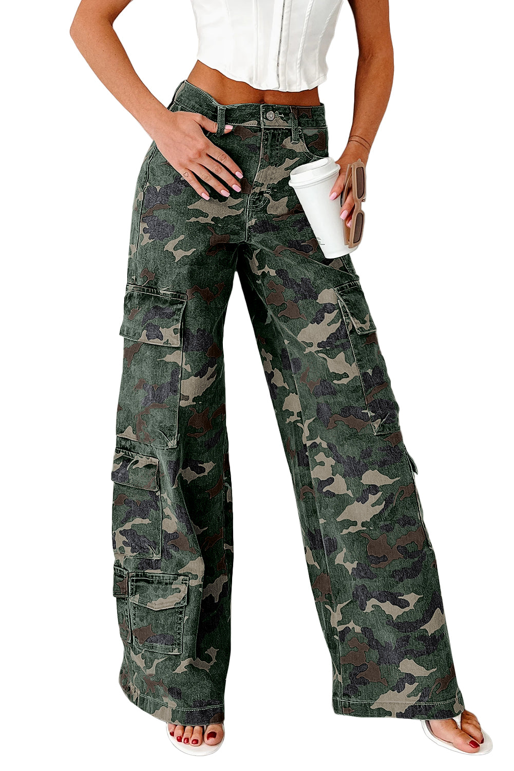 Green Camo Denim Cargo Wide Leg Pants