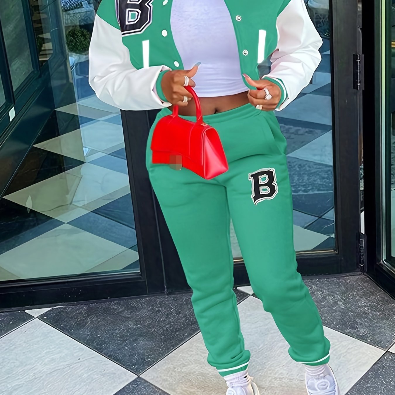 Trendy Letter Print Womens Two-Piece Set - Color Block Bomber Jacket with Slant Pockets & Chic Pants Outfit - Casual & Comfortable Clothing