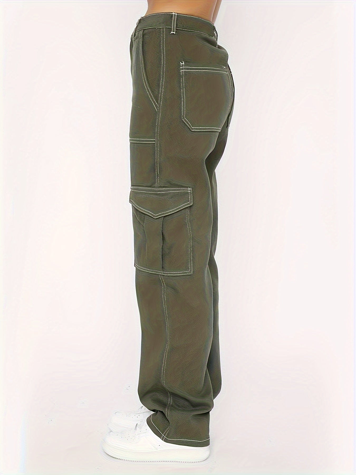 High-Waisted Army Green Denim Cargo Pants - Flap Pockets, Comfortable Loose Fit, Casual Everyday Wear - Y2K Vintage Style