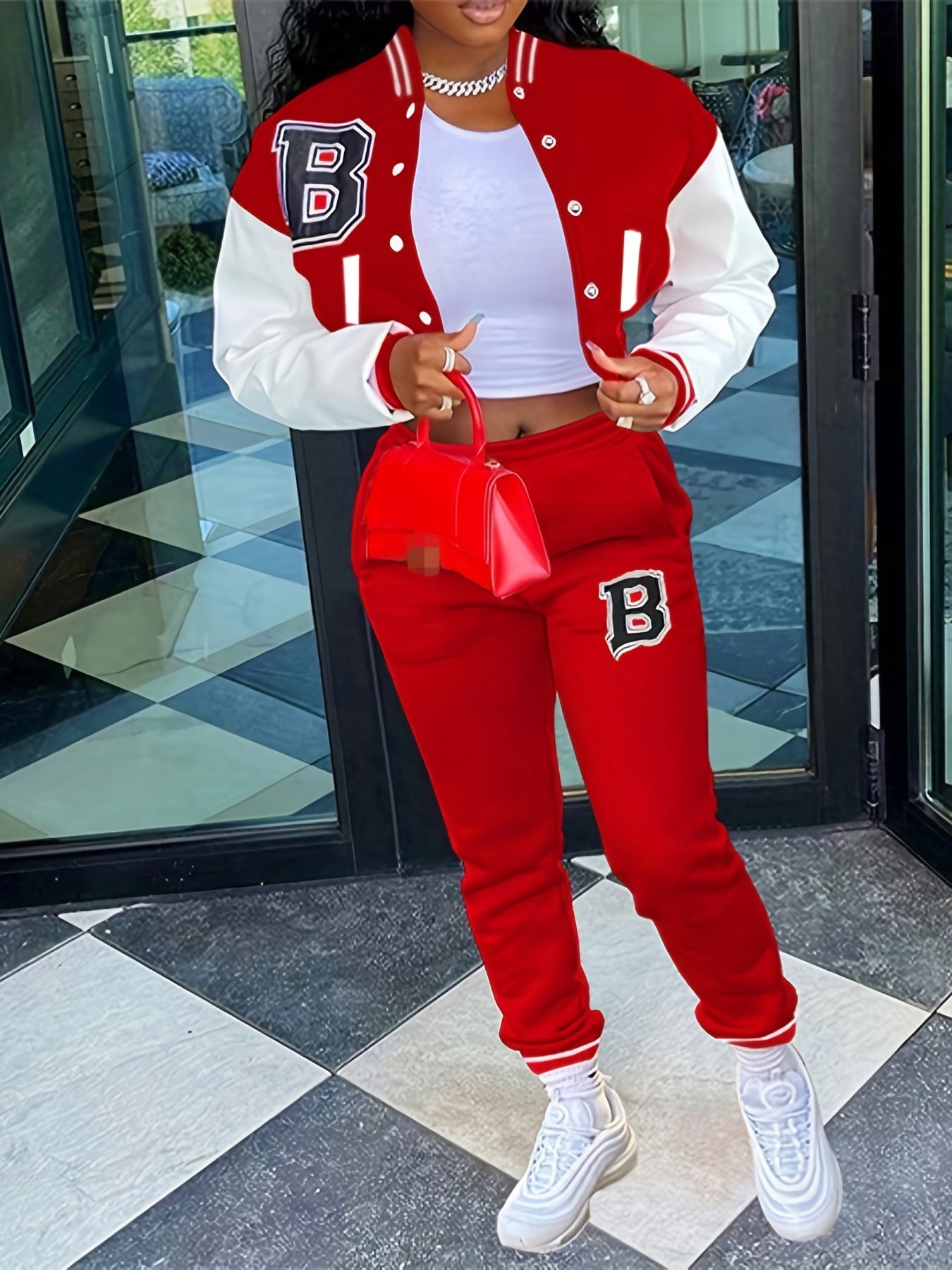 Trendy Letter Print Womens Two-Piece Set - Color Block Bomber Jacket with Slant Pockets & Chic Pants Outfit - Casual & Comfortable Clothing