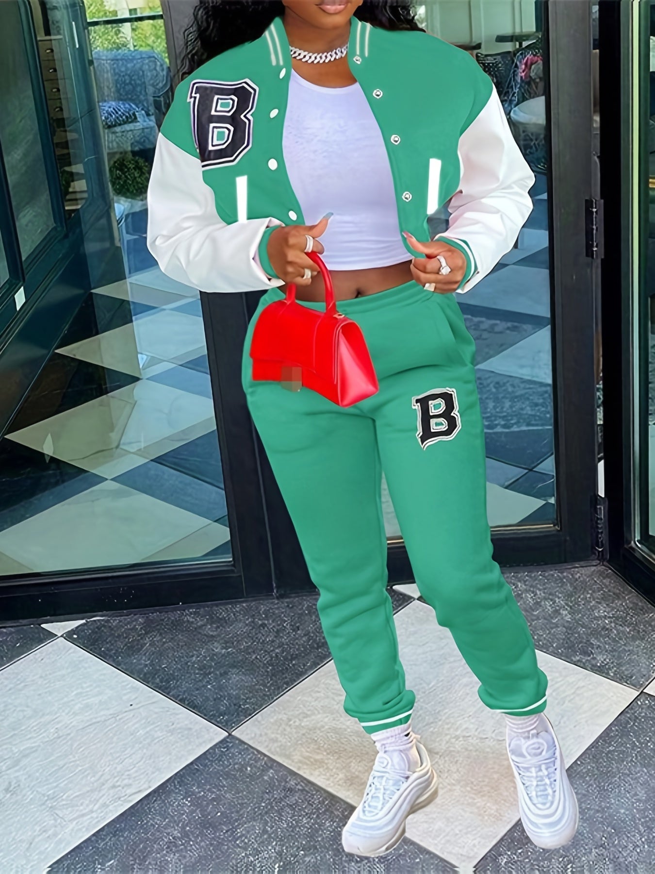 Trendy Letter Print Womens Two-Piece Set - Color Block Bomber Jacket with Slant Pockets & Chic Pants Outfit - Casual & Comfortable Clothing