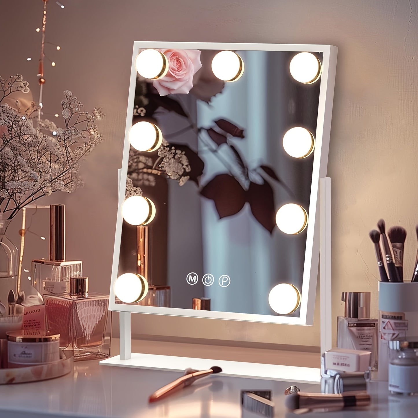 Makeup Mirror with Lights, Hollywood Makeup Mirror with 3 Color Modes and 9 Adjustable LED Bulbs, Zoom in 360° Rotation Touch Control