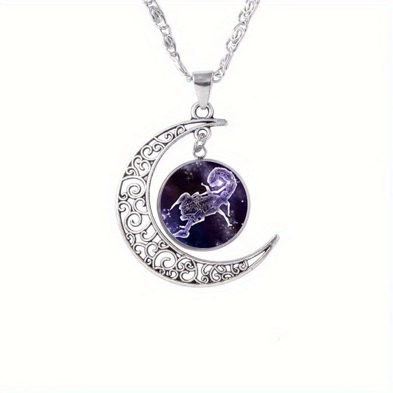 Twelve Zodiac Constellations Moon Phase Necklace - Timeless Gemstone Pendant with Adjustable Chain - Unique Personality Jewelry and Birthday Gift Idea for Women and Girls
