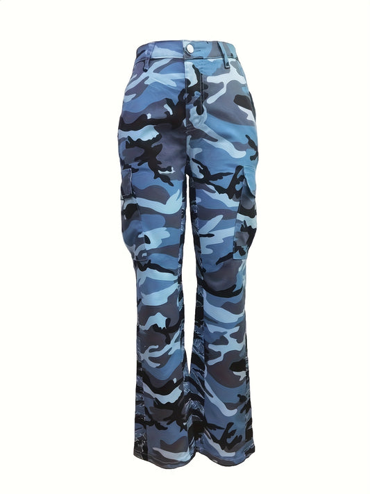 Fashionable High Waist Camouflage Cargo Jeans - Sleek Straight Fit with Medium Stretch & Stylish Flap Pockets - Trendy High Rise Denim Pants for Women