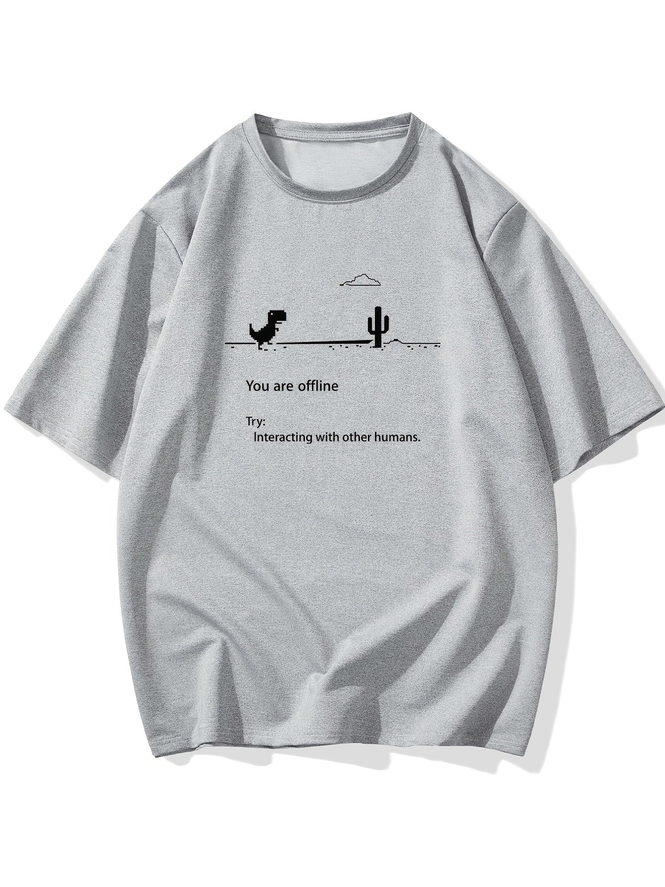 Men's Plus Size 'You are offline...' Print Stretch T-shirt, Oversized Short Sleeve Tops For Spring Summer, Causal Loose Clothing For Big And Tall Guys