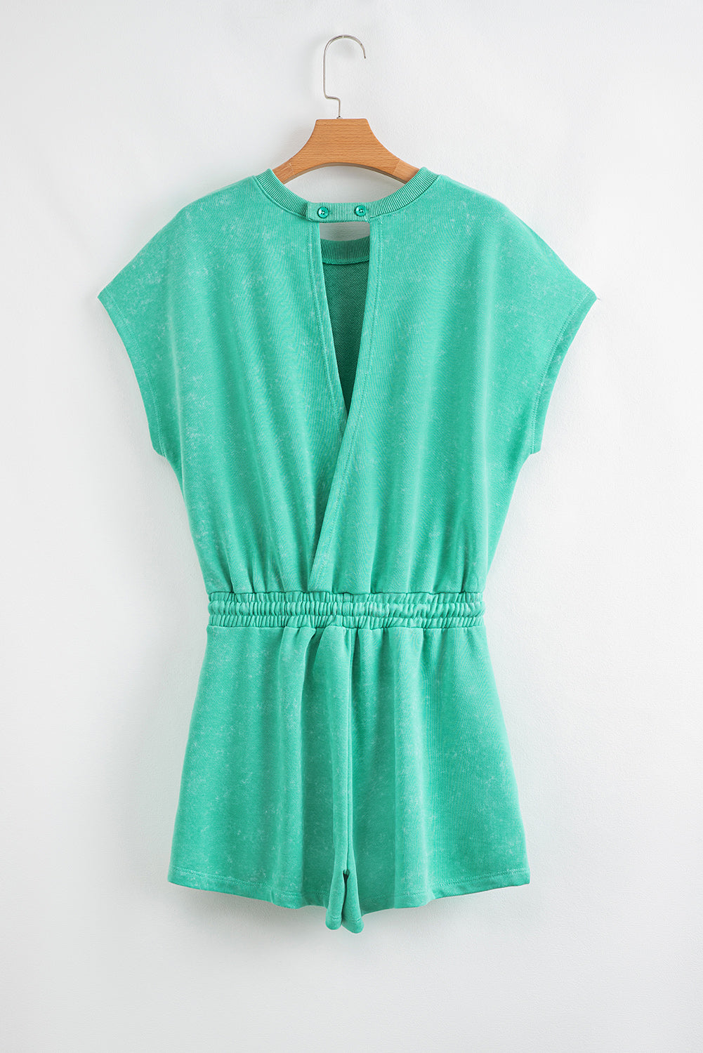 Sea Green Mineral Wash Drawstring Elastic Waistband Hollow Out Back Short Sleeve Romper