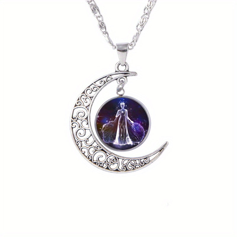 Twelve Zodiac Constellations Moon Phase Necklace - Timeless Gemstone Pendant with Adjustable Chain - Unique Personality Jewelry and Birthday Gift Idea for Women and Girls