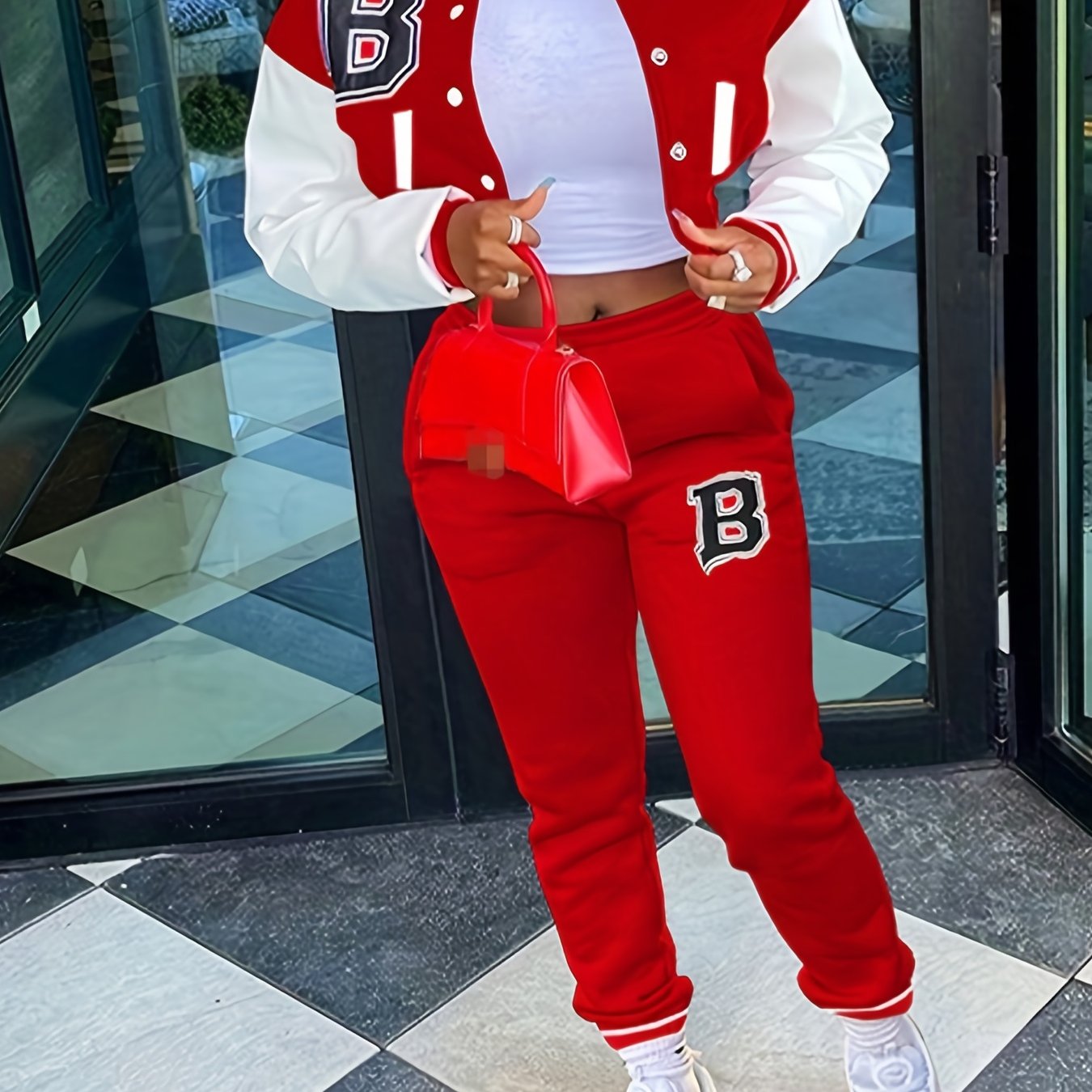 Trendy Letter Print Womens Two-Piece Set - Color Block Bomber Jacket with Slant Pockets & Chic Pants Outfit - Casual & Comfortable Clothing