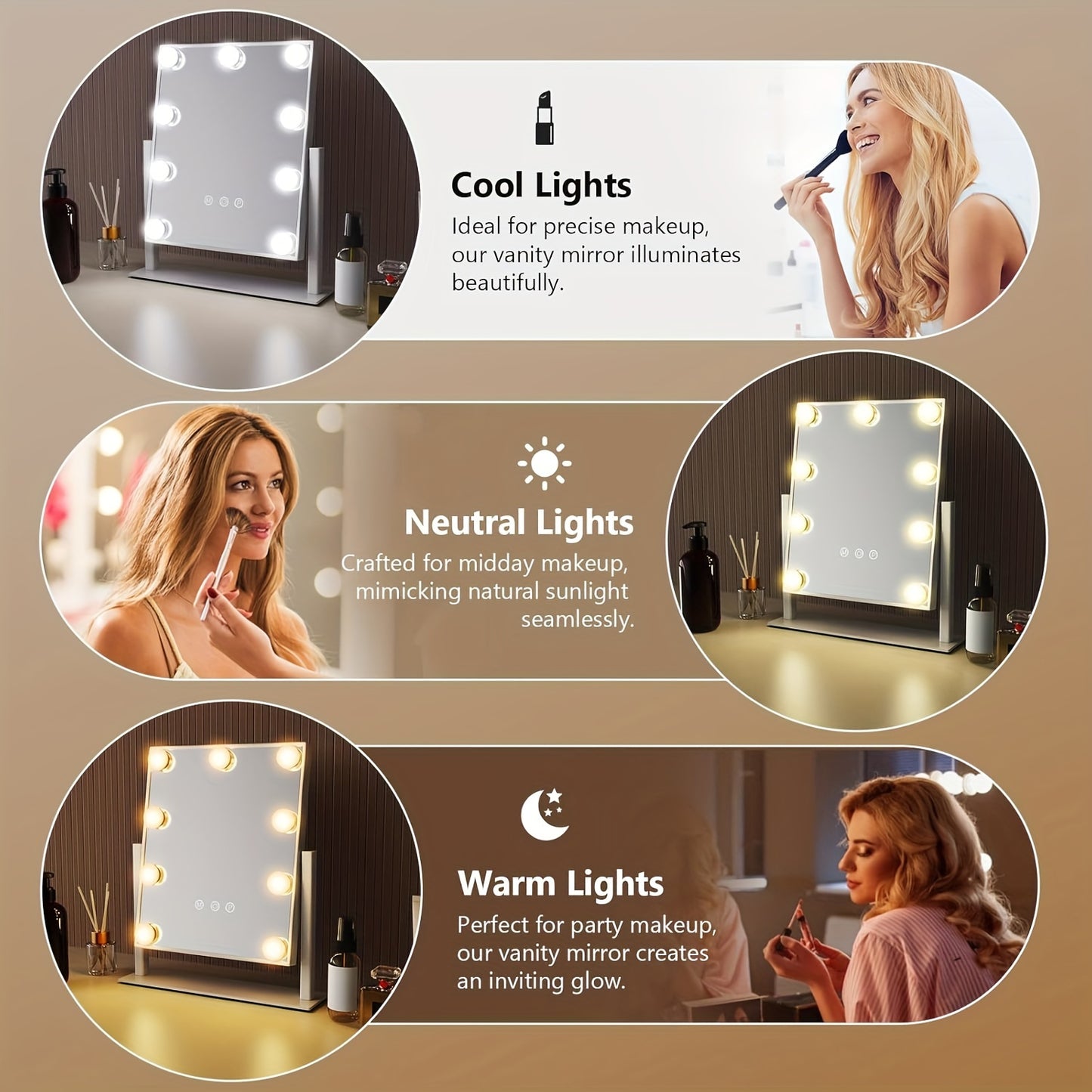 Makeup Mirror with Lights, Hollywood Makeup Mirror with 3 Color Modes and 9 Adjustable LED Bulbs, Zoom in 360° Rotation Touch Control