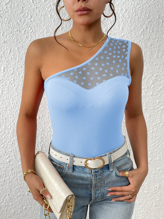 One Shoulder Heart Print Mesh Top, Sexy Sleeveless Asymmetrical Top, Women's Clothing