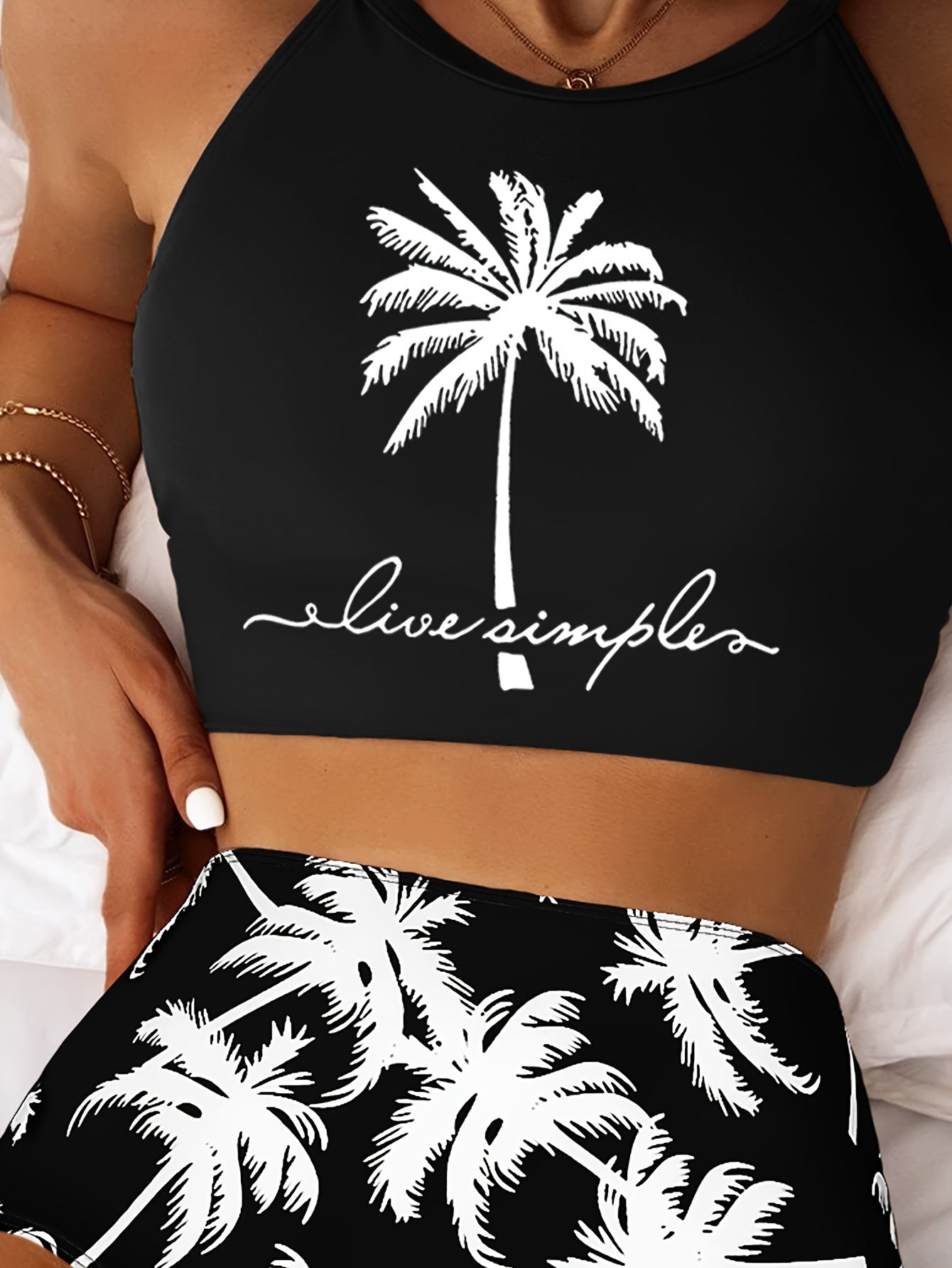 Chic Coconut Tree Print Bikini Set for Women - High Stretch, Comfort Fit Swimwear with High-Waist Bottoms