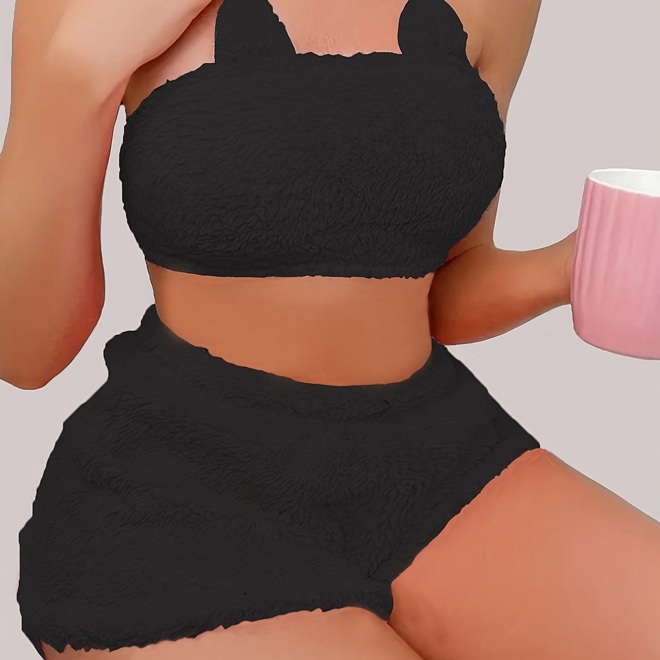 Sexy Solid Plush Lounge Set, Tube Crop Top & Elastic Shorts, Women's Loungewear for fall & winter