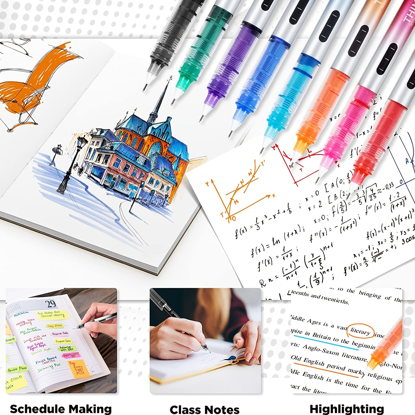 Deli 8 Pieces Rolling Ball Pens, Quick-Drying Ink 0.5 mm Extra Fine Point Pens Liquid Ink Pen Rollerball Pens Multicolor