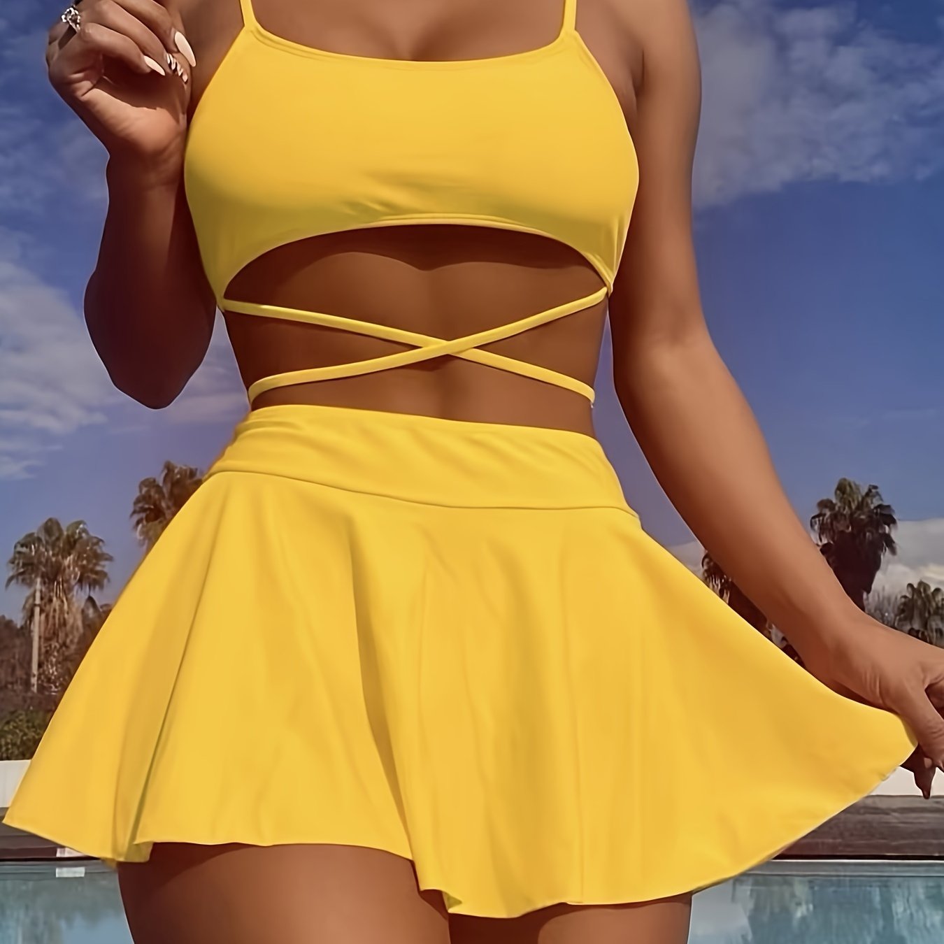 Elegant Solid-Color 3-Piece Swimwear: Cross-Strap Bikini & Pleated Skirt Cover-Up - Comfortable, Stretchy, and Durable