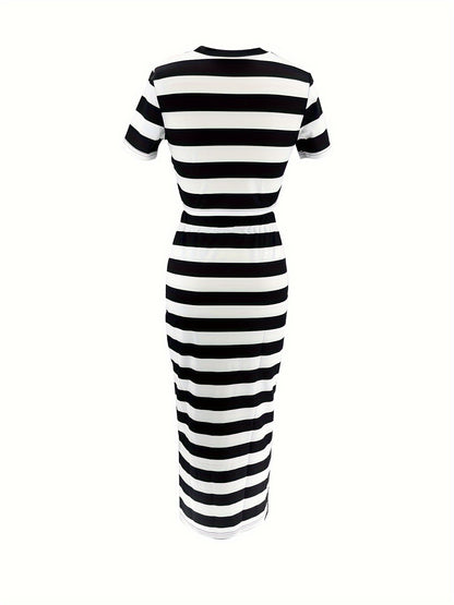 Striped Pattern Skirt Set Outfit - Stylish Crew Neck Short Sleeve Crop Top & Flowy Skirt with Relaxed Fit, Casual and Comfortable Style - Ideal for Spring and Summer, Womens Clothing