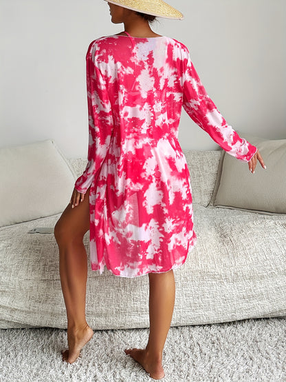 3-Piece Bikini Set - Stylish Long Sleeve Cover Up, Vibrant Abstract Print, Perfect Beachwear, Comfortable Swimsuit, On-trend Summer Fashion - Designed for Women