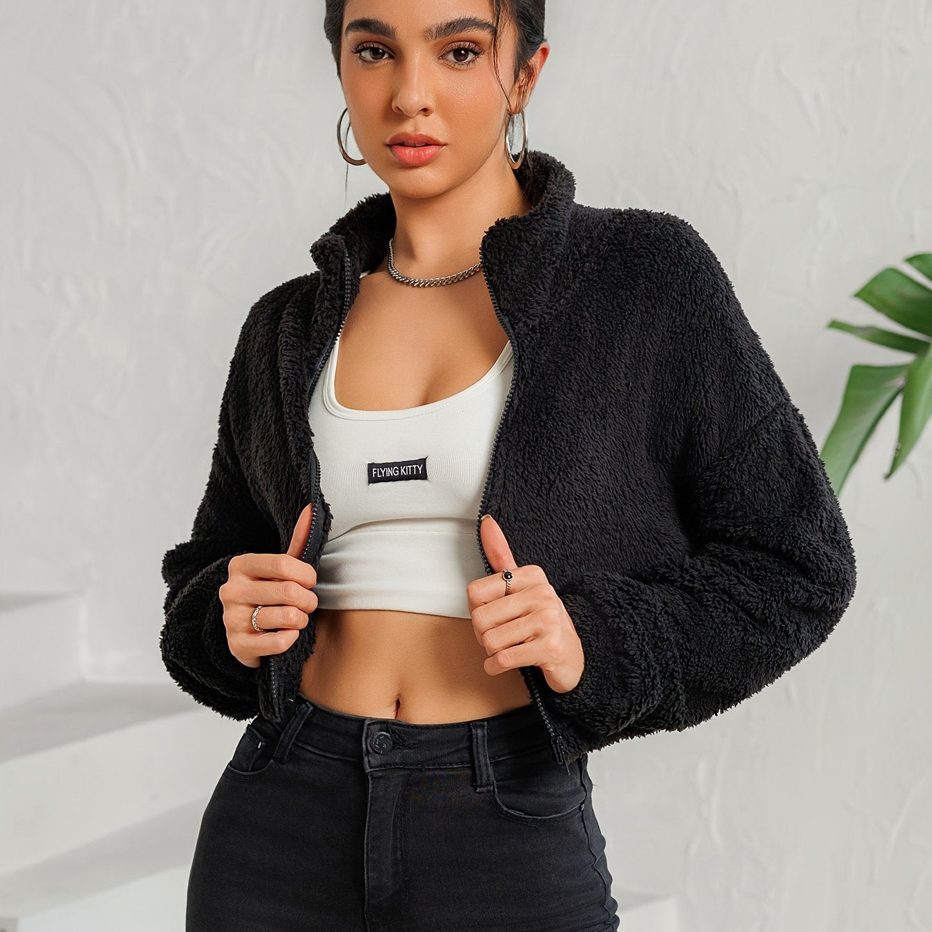 Drop Shoulder Zip Up Jacket, Casual Long Sleeve Fuzzy Crop Jacket For Spring & Fall, Women's Clothing
