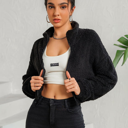 Drop Shoulder Zip Up Jacket, Casual Long Sleeve Fuzzy Crop Jacket For Spring & Fall, Women's Clothing