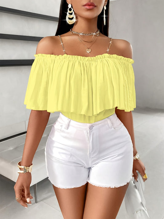 Vibrant Cold Shoulder Ruffle Trim Blouse - Charming Chain Strap, Solid Color, Casual, Spring & Summer Essential, Women's Clothing, Perfect for Outdoor Activities