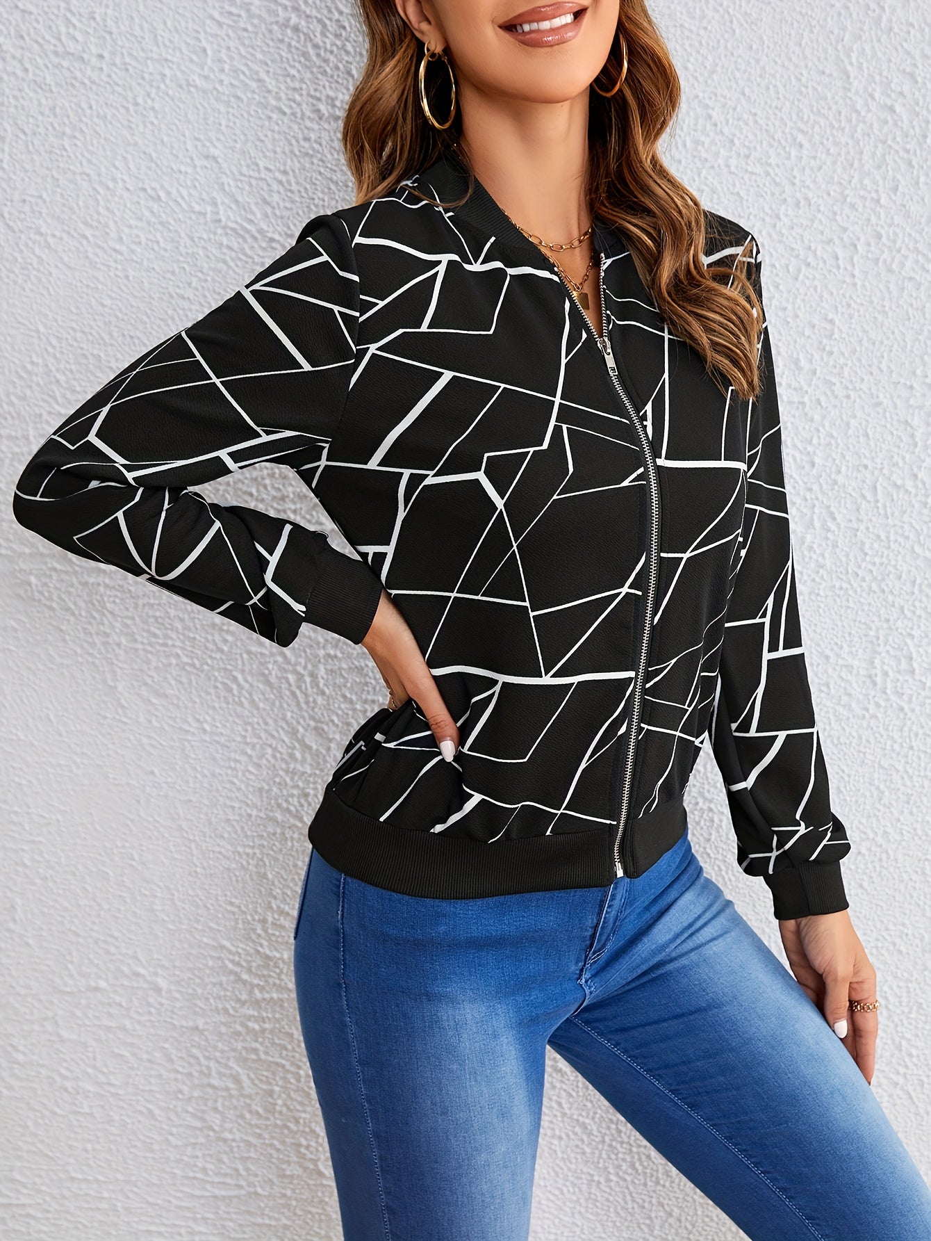 Geo Print Zipper Front Jacket, Casual Long Sleeve Jacket For Spring & Fall, Women's Clothing