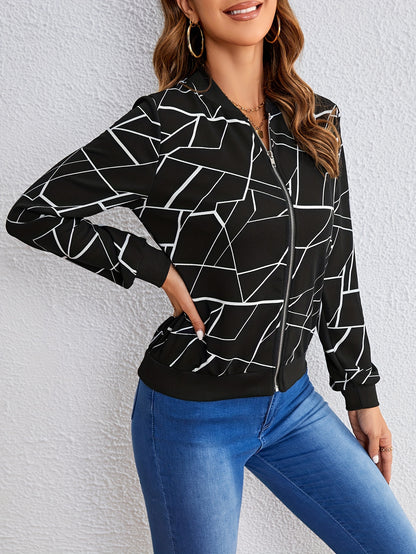 Geo Print Zipper Front Jacket, Casual Long Sleeve Jacket For Spring & Fall, Women's Clothing