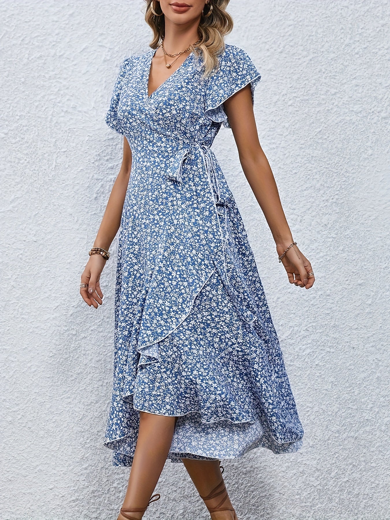 Women's Spring & Summer Dress - Elegant Floral Print, Surplice Neck with Tie, Casual Flutter Sleeves & Ruffle Hem, Perfect for Every Day & Special Occasions
