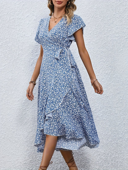 Women's Spring & Summer Dress - Elegant Floral Print, Surplice Neck with Tie, Casual Flutter Sleeves & Ruffle Hem, Perfect for Every Day & Special Occasions