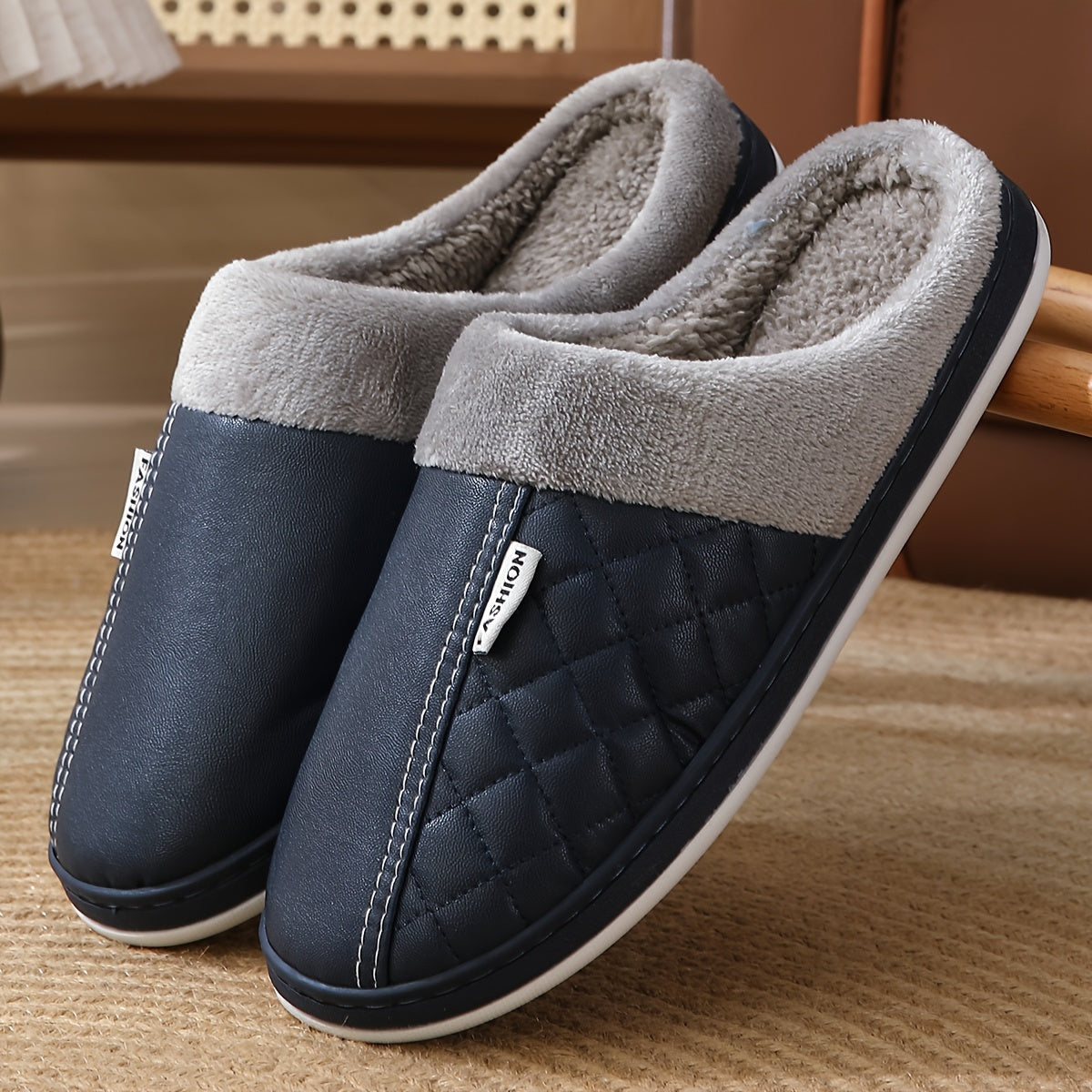 [Cozy Plush Slippers] Warm Cozy Plush Home Slippers for Men and Women | Faux Fur Lined, Durable TPR Sole, Quilted Design, Indoor/Outdoor Use, Available in Navy Blue, Red, Pink, and Gray