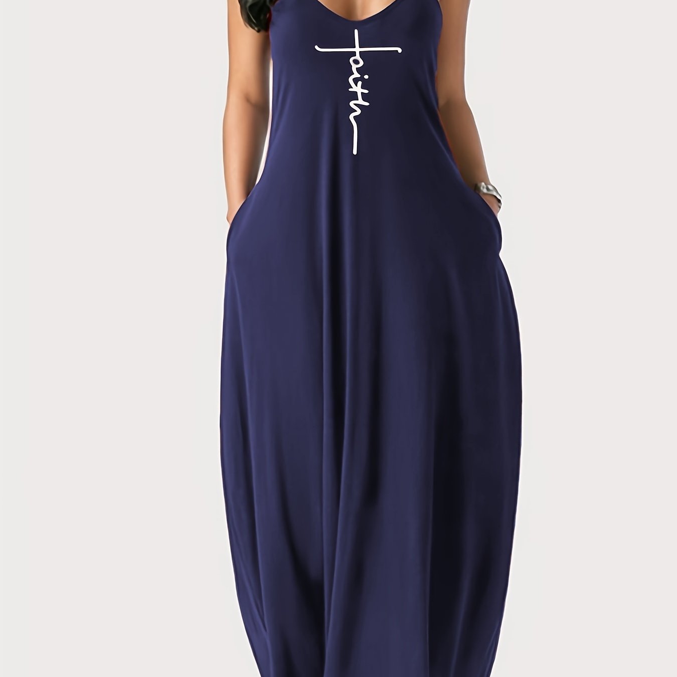 Faith Print Backless Dress, Casual Spaghetti Strap V Neck Loose Dress, Women's Clothing