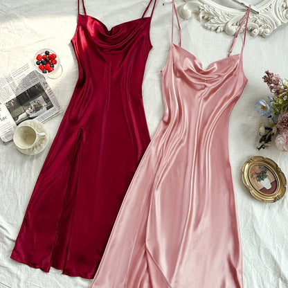 2 Pcs Women's Elegant Solid Satin Sleepwear Dress, Turtleneck Side Split Backless Midi Slip Dress, Comfortable Nightgown