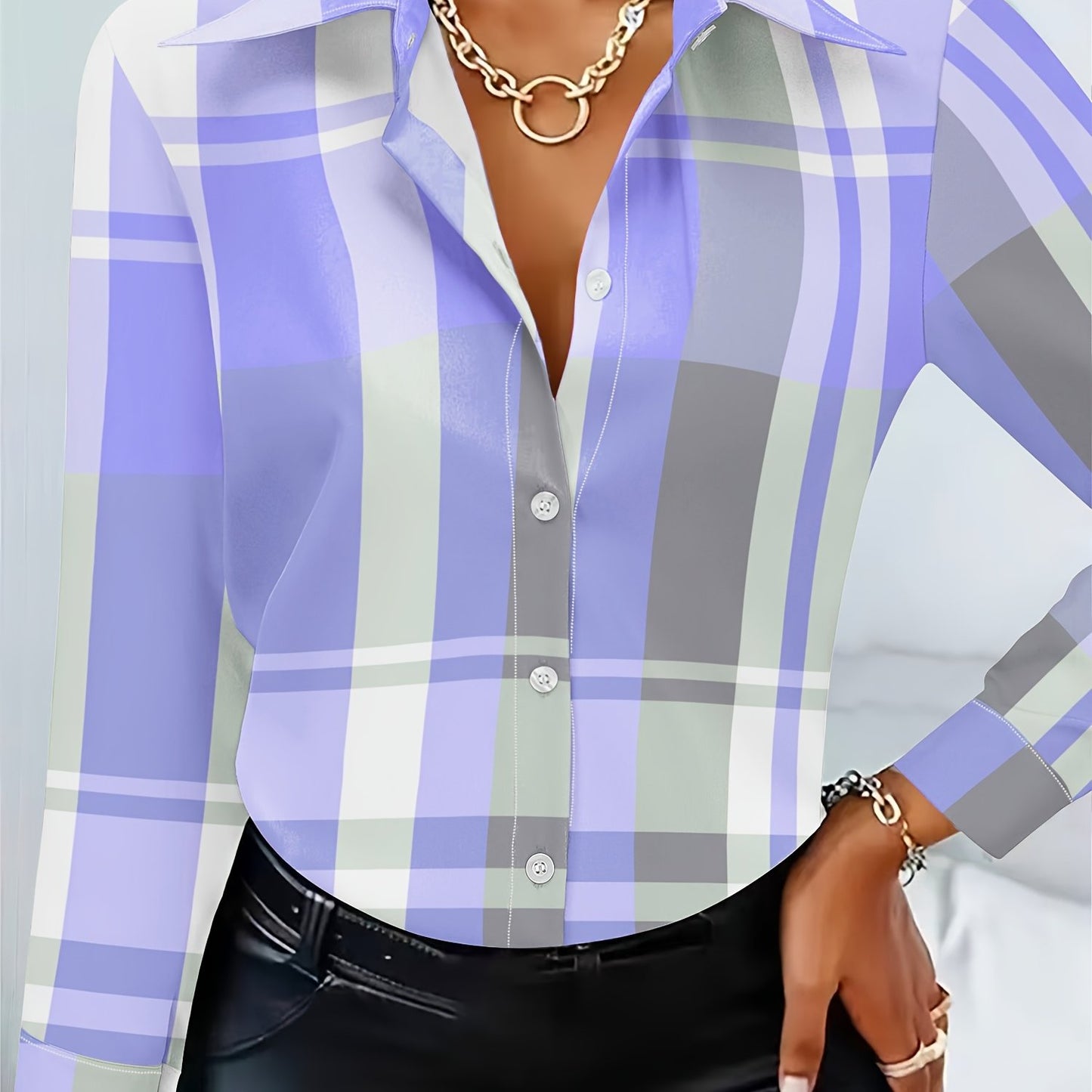 Women's Stylish Purple & White Plaid Long Sleeve Button-Up Shirt - Casual Polyester Blouse with Pointed Collar, Machine Washable, Perfect for Casual Attire