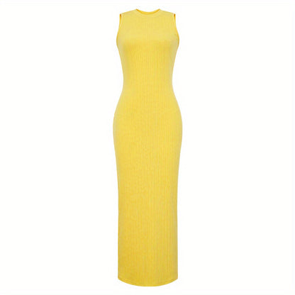 Women's Summer 2023 Fashion Casual Knit Sleeveless Crew Neck Bodycon Pencil Dress, Polyester 95% Spandex 5%, Solid Color Long Length Skinny Fit