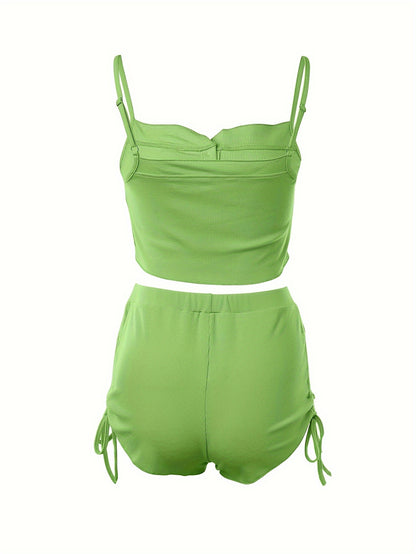 Simple Solid Print Lounge Set, Buttons Cami Top & Drawstring Shorts, Women's Loungewear & Sleepwear Koningsdag/King's Day