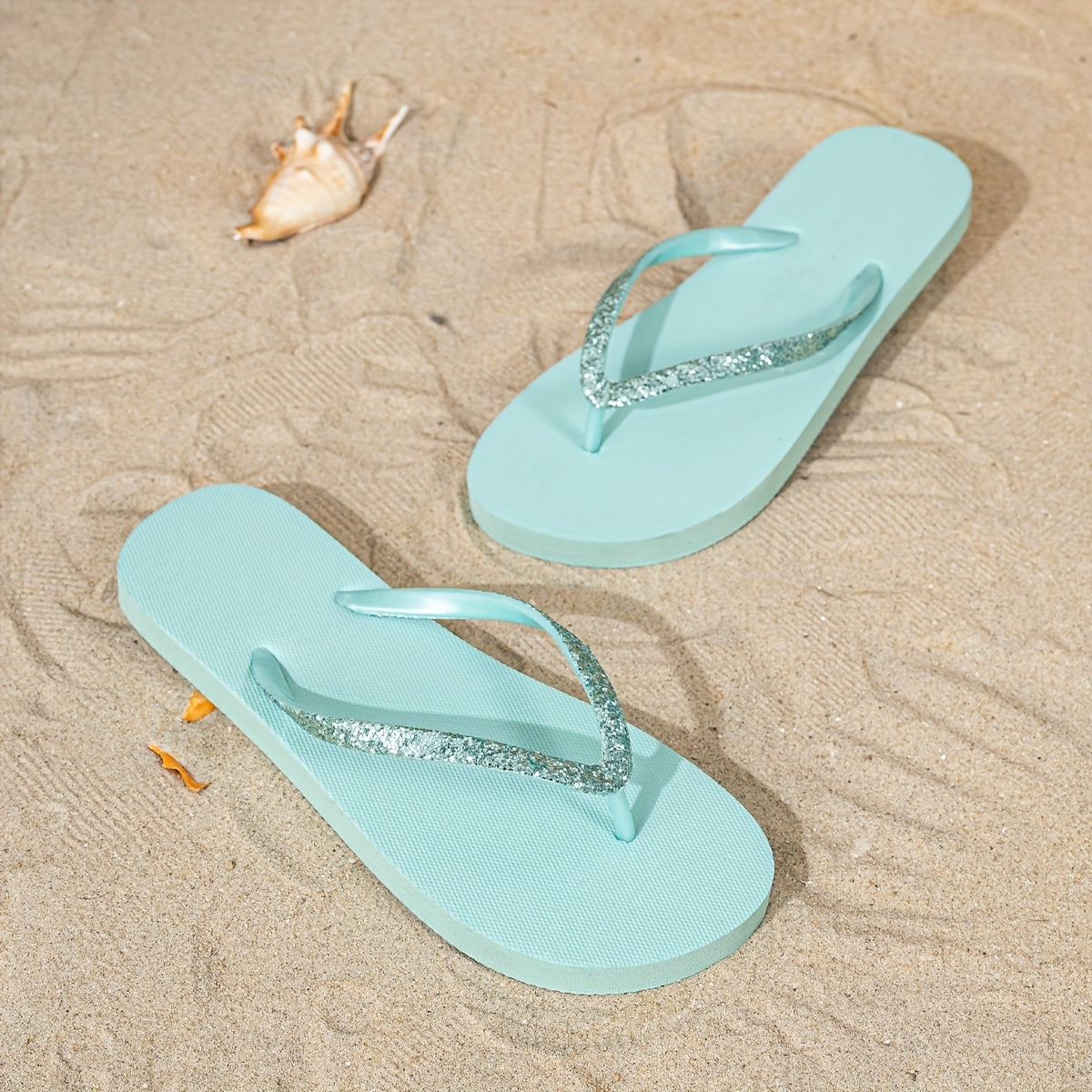 [Glitter Flip-Flops] Light Blue Women's Minimalist Glitter Flip-Flops | TPU Upper with EVA Sole, Flat Sandals for Summer Beach & Casual Wear